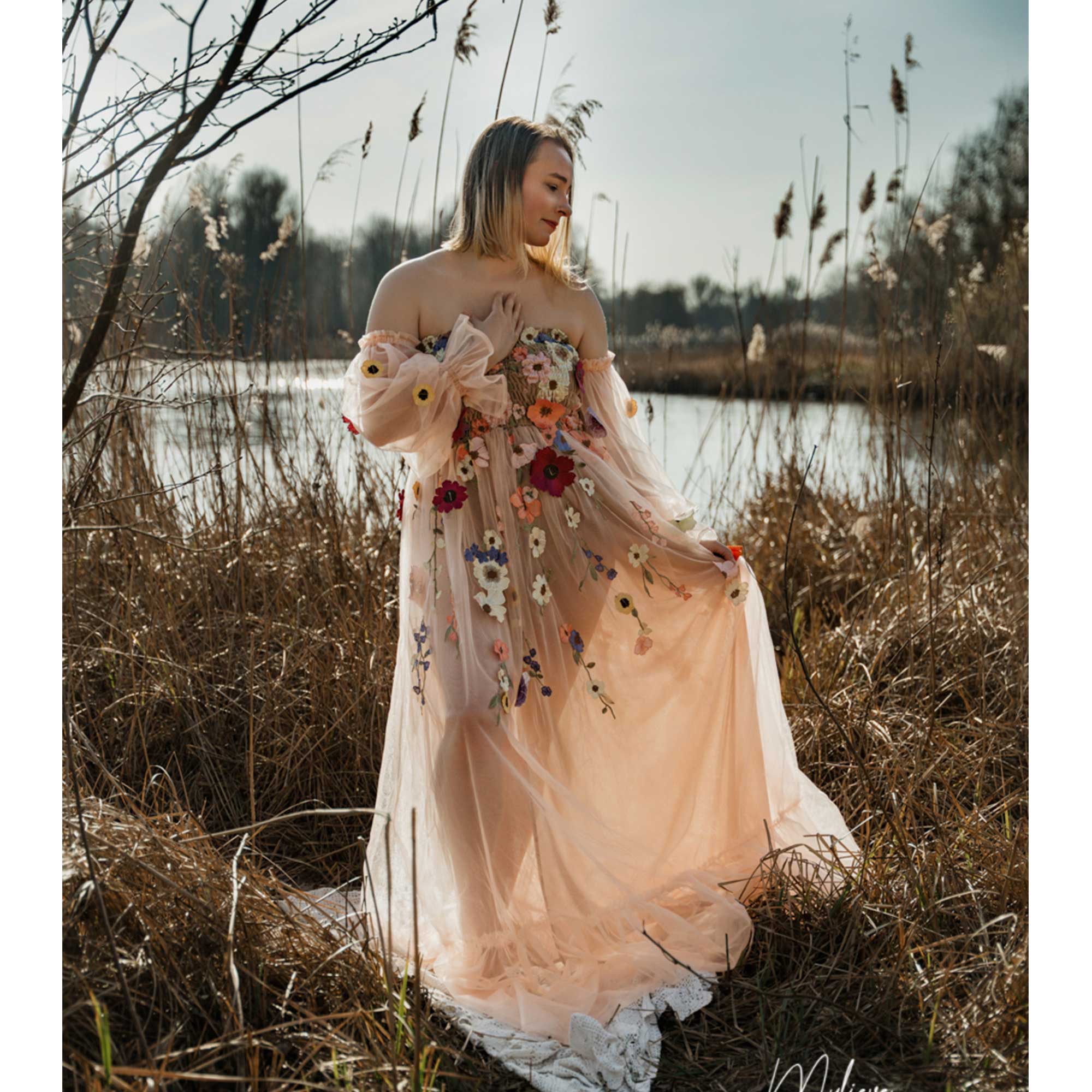 Embroidery Daisy - Don&Judy Colorful Organza Off-Shoulder Puffed Sleeves