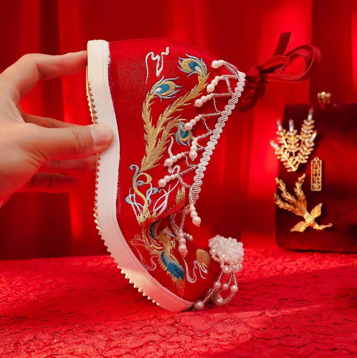 Women New Red Embroidered Wedd - Embroidery Style ulasan dan harga